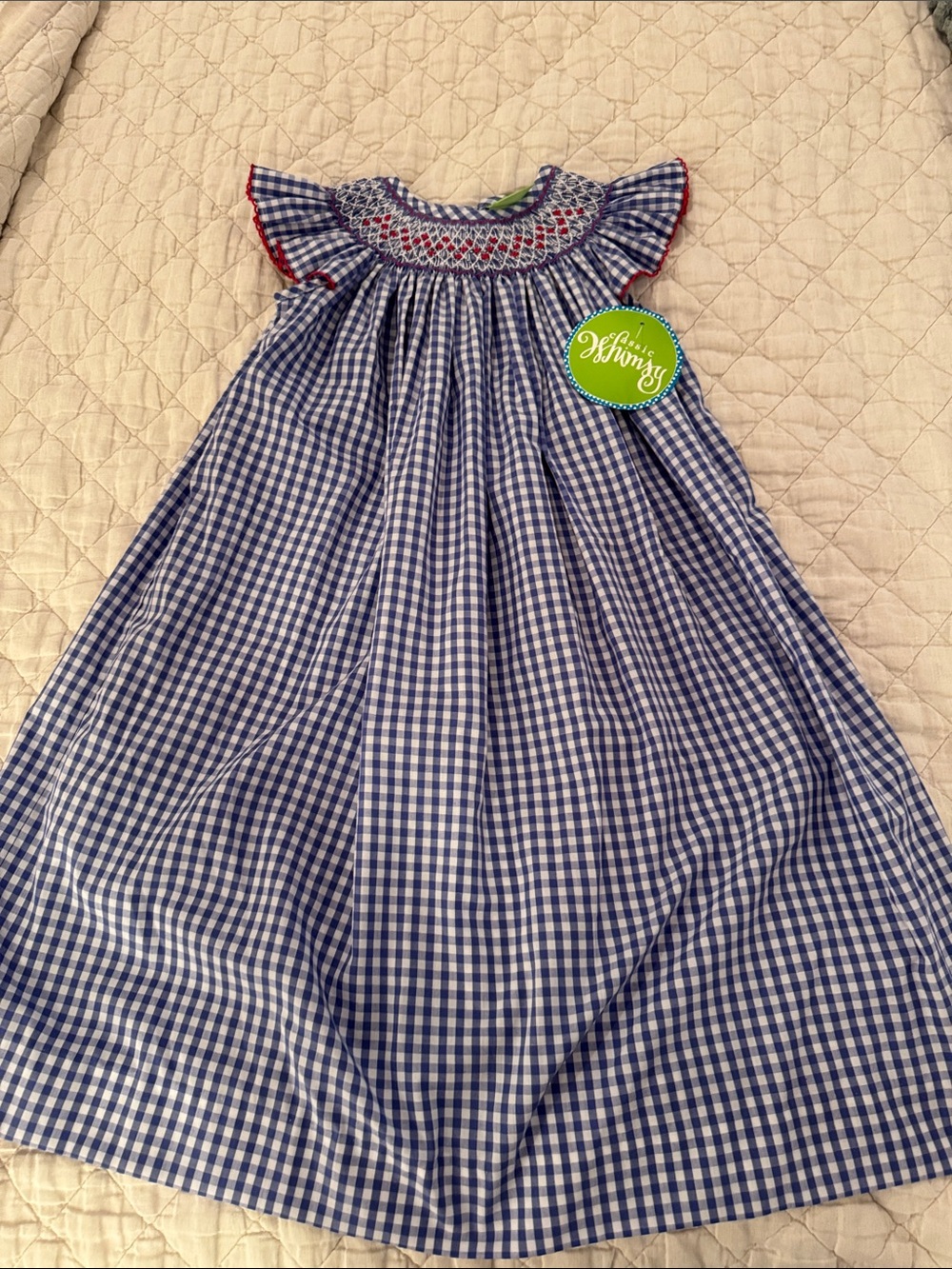 Girls sz 6 ( but can fit most) long blue smocked gingham dress by Classic Whimsy